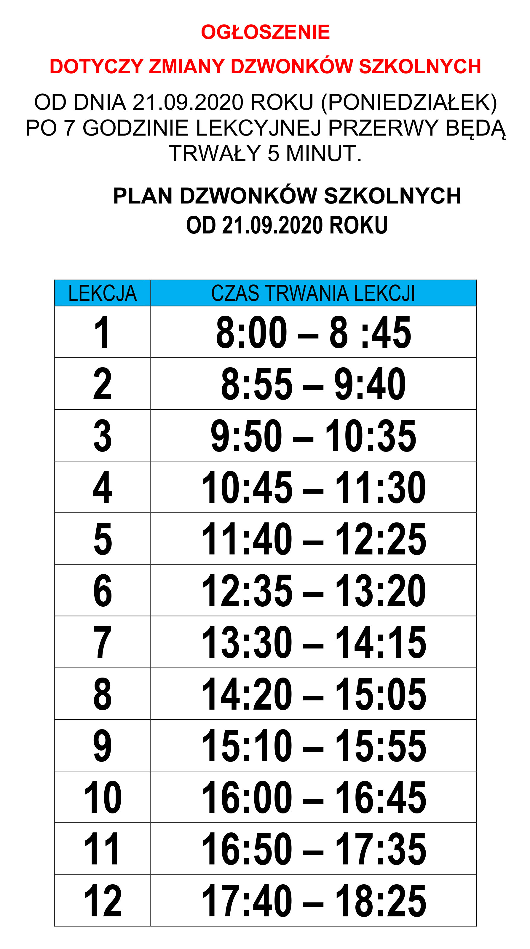 OGŁOSZENIE PLANY DZWONKOW SZKOLNYCH OD 01.09.2020